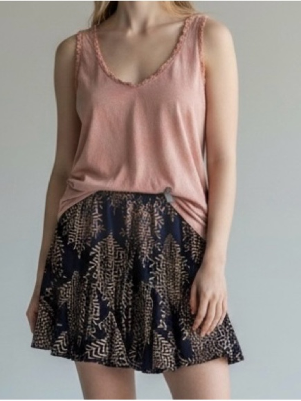 GAP Pink Tank and Navy/Pink Leaf-Print Skater Skirt